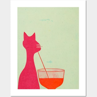 Sipping Kitty Retro Poster Vintage Art Cocktail Wall Orange Pink Illustration Posters and Art